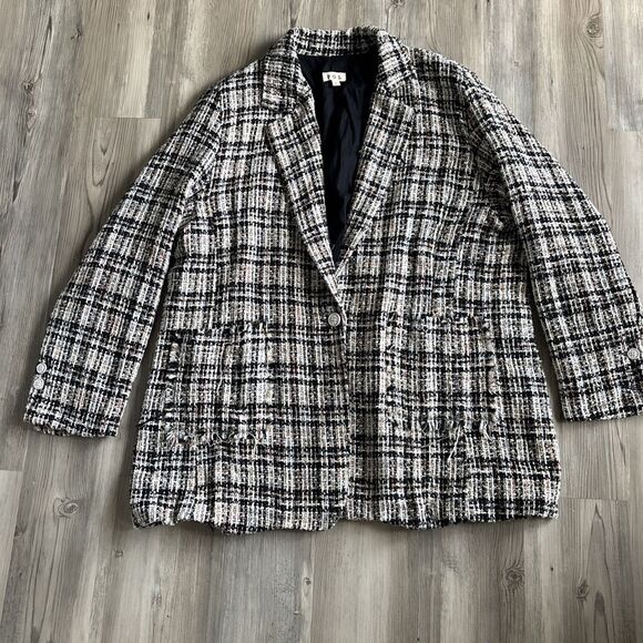 POL Oversized Plaid Long Blazer Heavy Tweed Plaid Blazer Jacket Size Large - Picture 1 of 11